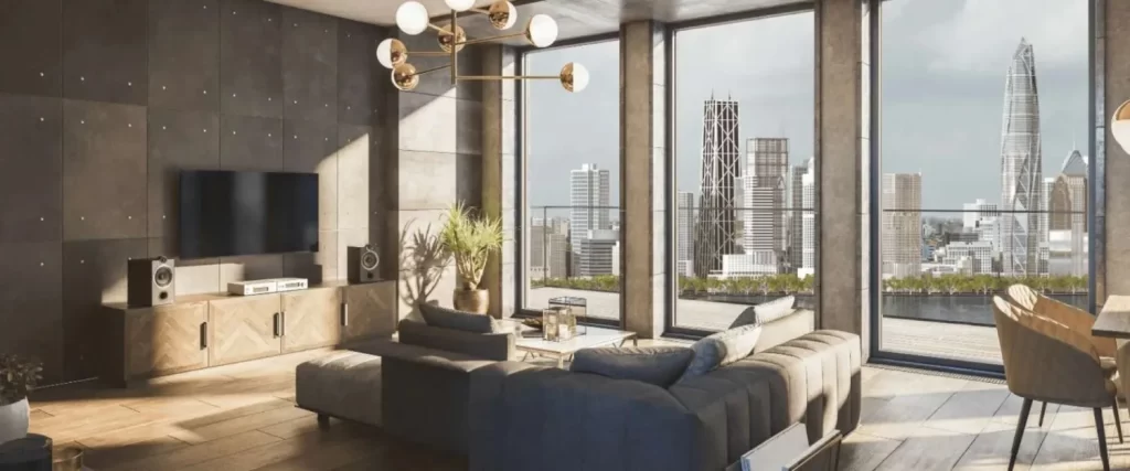 Modern luxury living room with floor-to-ceiling windows showcasing a stunning city skyline view