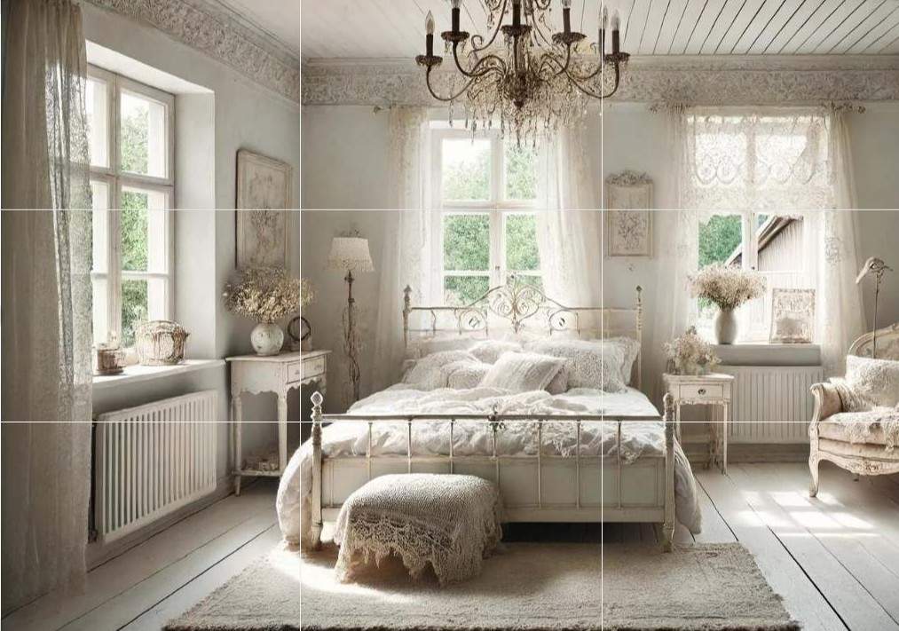 Sunlit room with large windows, a bed, a couch on the side, and a table with a jar of flowers adding a fresh touch