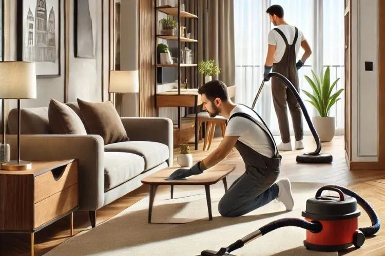 homeowner deep cleaning a living room, dusting furniture, vacuuming carpets, and fixing minor repairs.