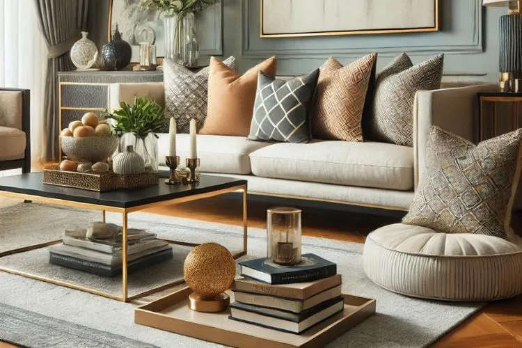 stylish living room featuring elegant cushions, a rug, artwork, and neatly arranged books on a coffee table.