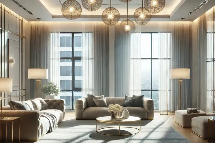 bright living room with large windows, layered lighting, and a spacious feel.