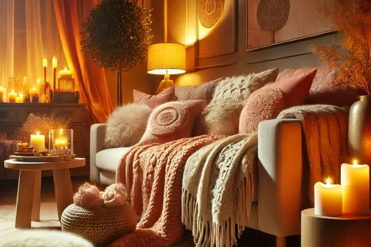 cozy living room with warm colors, soft textures, and ambient lighting for an inviting atmosphere