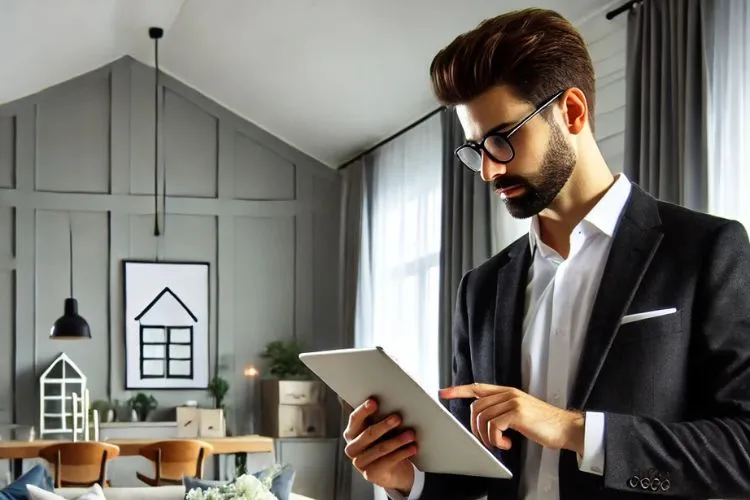 Homebuyer reviewing property listings in a well-staged living room with modern decor and natural lighting.