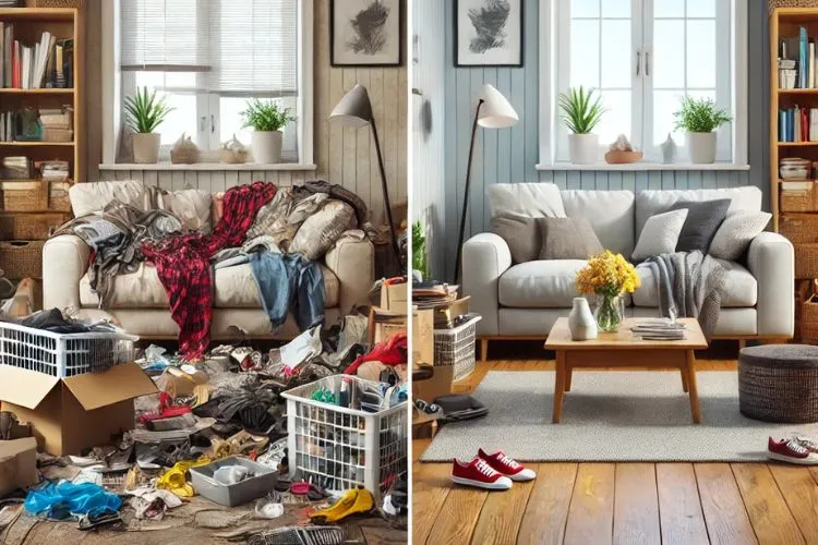 Before-and-after of a decluttered living room, showing a transition from messy to a clean,