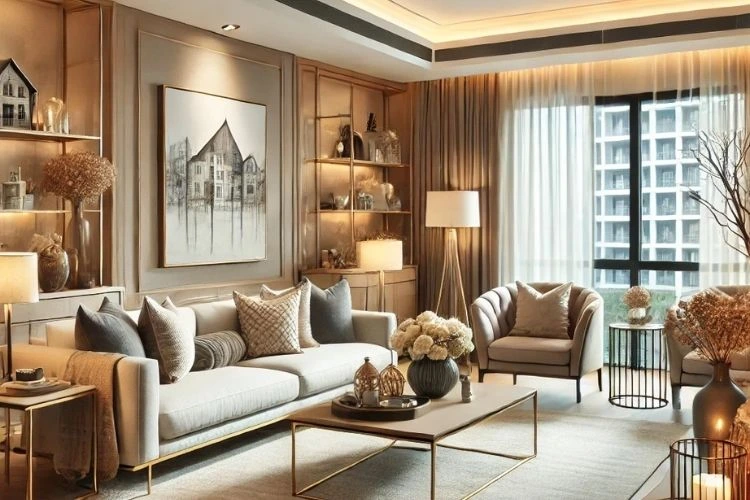 stylish living room with a golden color scheme, modern furniture, and artwork, creating an elegant atmosphere.