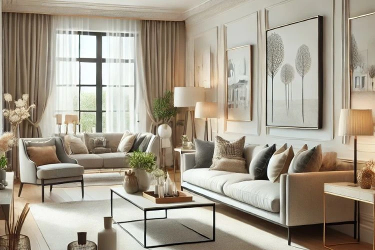 cozy living room with neutral tones, soft textures, and minimalistic decor, featuring large windows and greenery