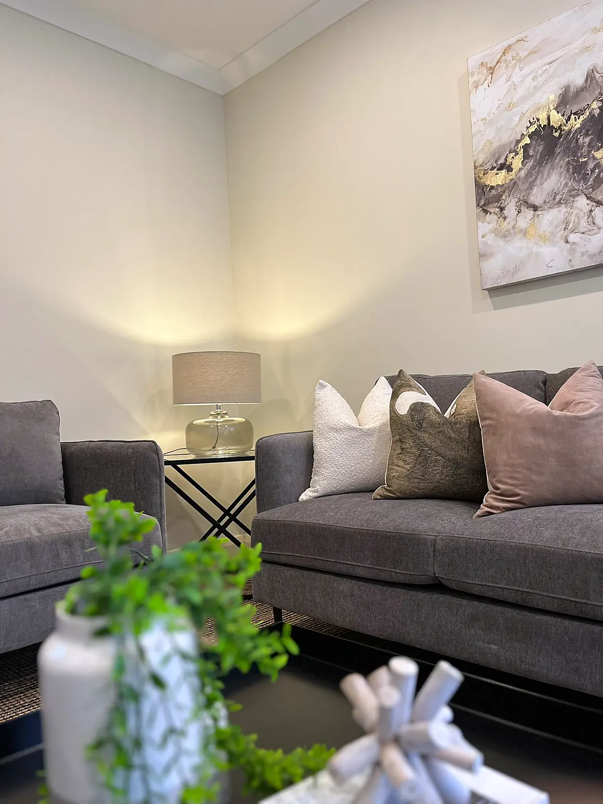 Sofa and lamp styling detail in a staged Balwyn lounge