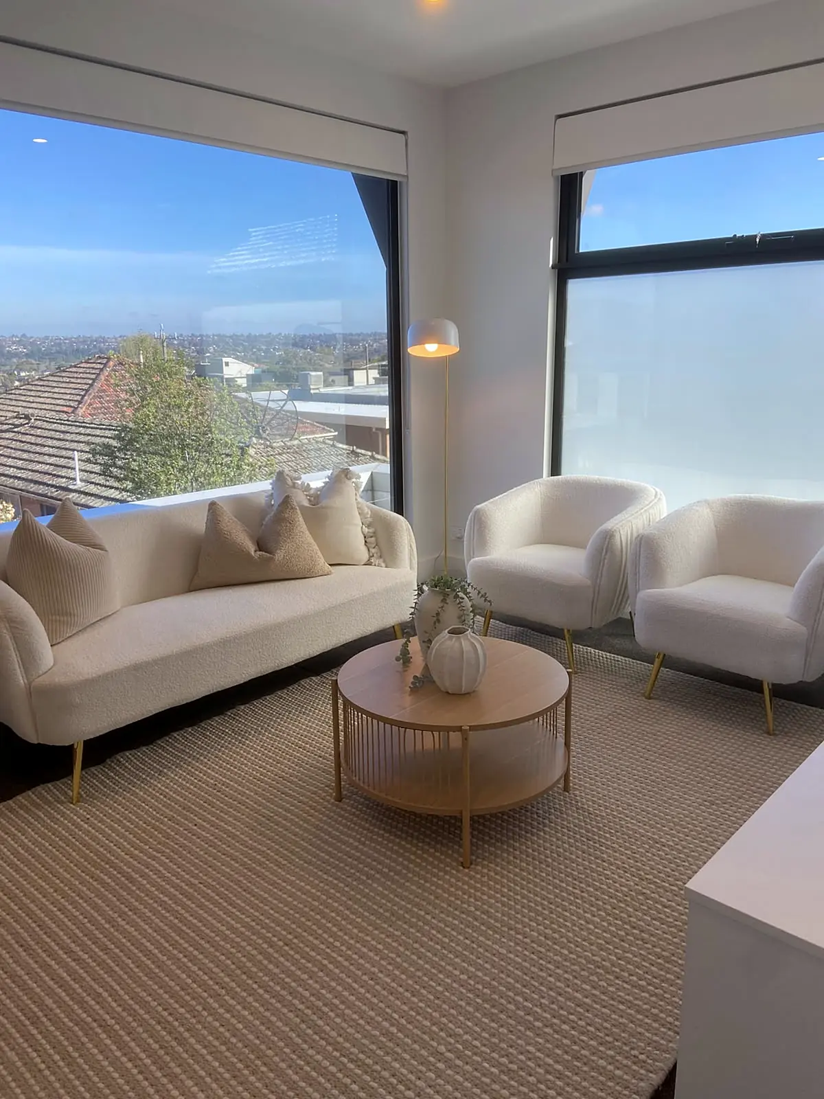 Upstairs retreat with city skyline view staged in a Bulleen home