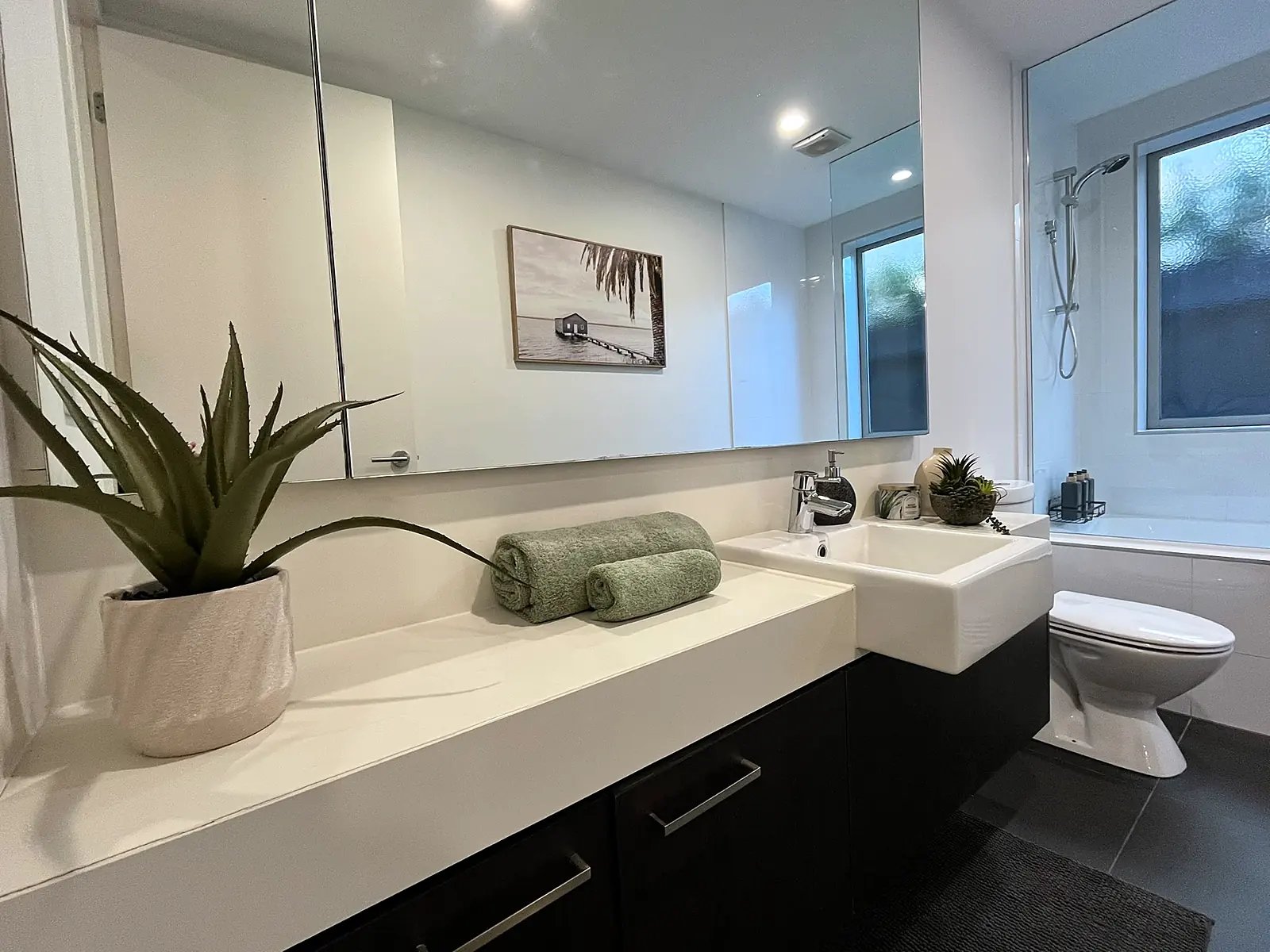 Bathroom vanity styled with towels and greenery in a Bundoora home