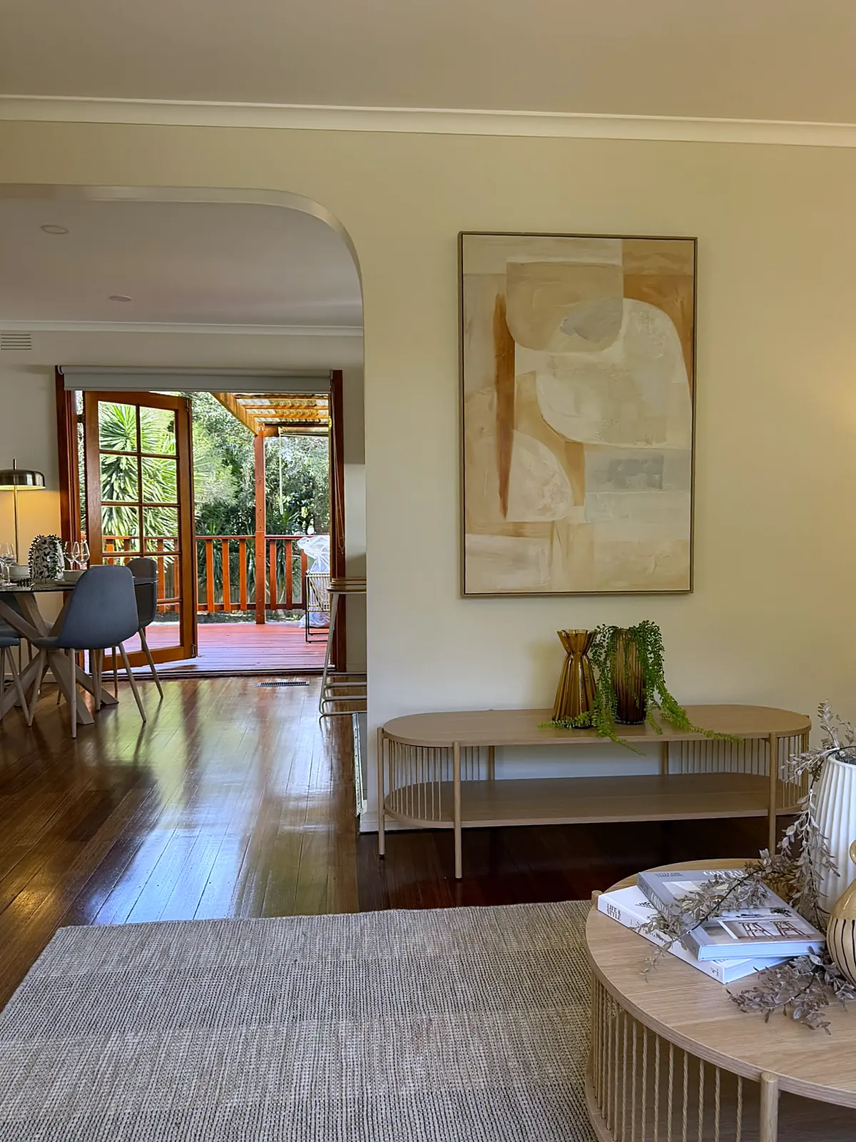 Entry hall with console table and timber floors in a staged Frankston home