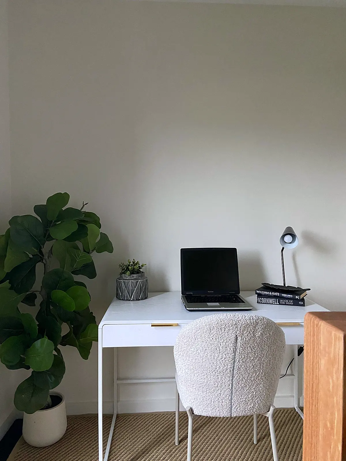 Study nook styled with white desk and boucle chair in a Thomastown townhouse
