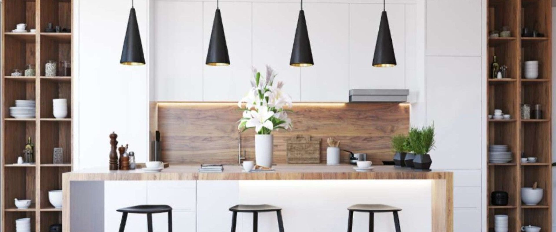 Modern kitchen with white cabinets, wood shelves, and black pendant lights